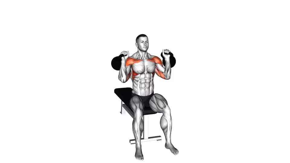 Thumbnail for the video of exercise: Kettlebell Seated Two Arm Military Press