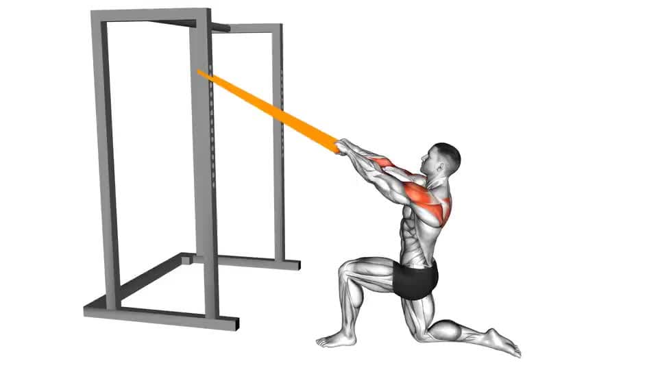 Thumbnail for the video of exercise: Tirador facial medio arrodillado con banda de resistencia