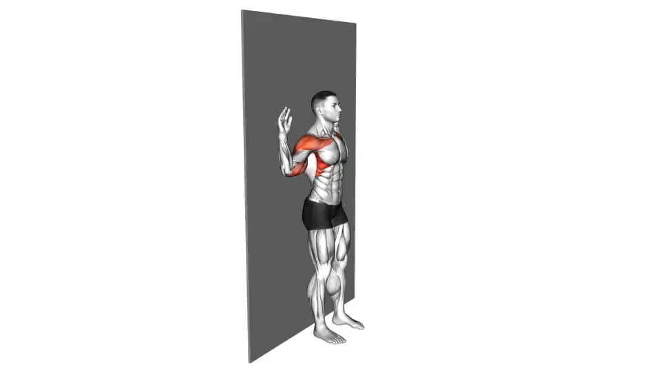 Thumbnail for the video of exercise: Bodyweight Standing Military Press Wall Supported