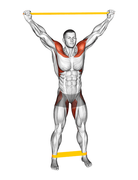 Thumbnail for the video of exercise: Resistance Band Standing Overhead Warming-up